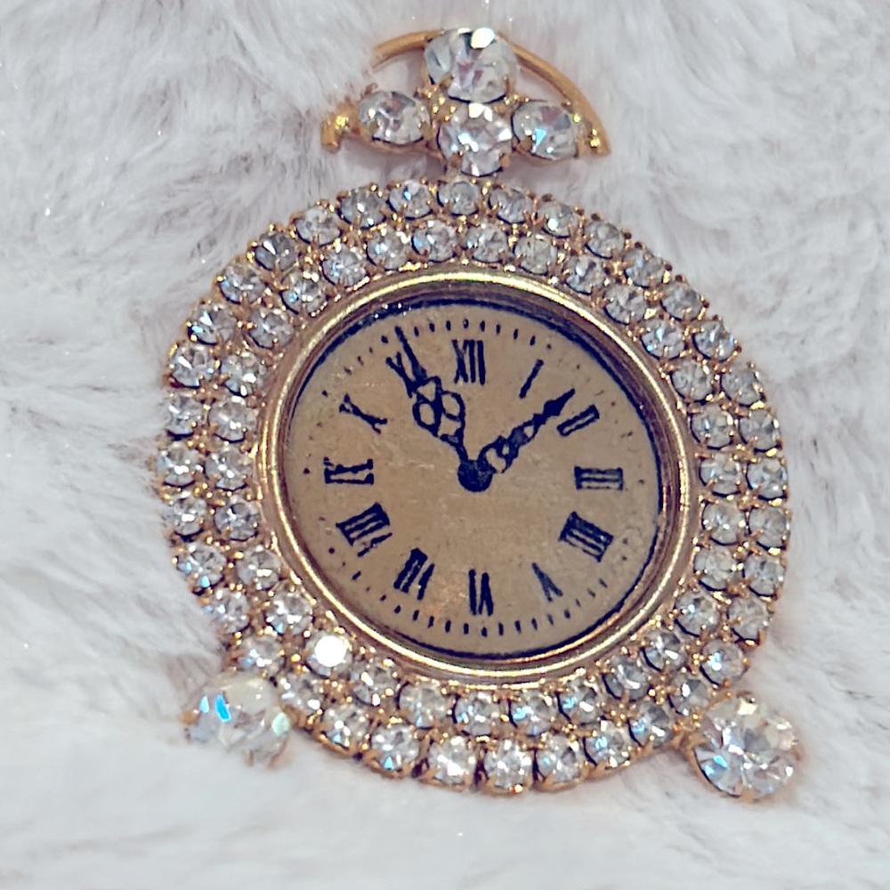 Vintage Clock face Rhinestone Brooch w Shimmering Gold base metal - New  - SALE